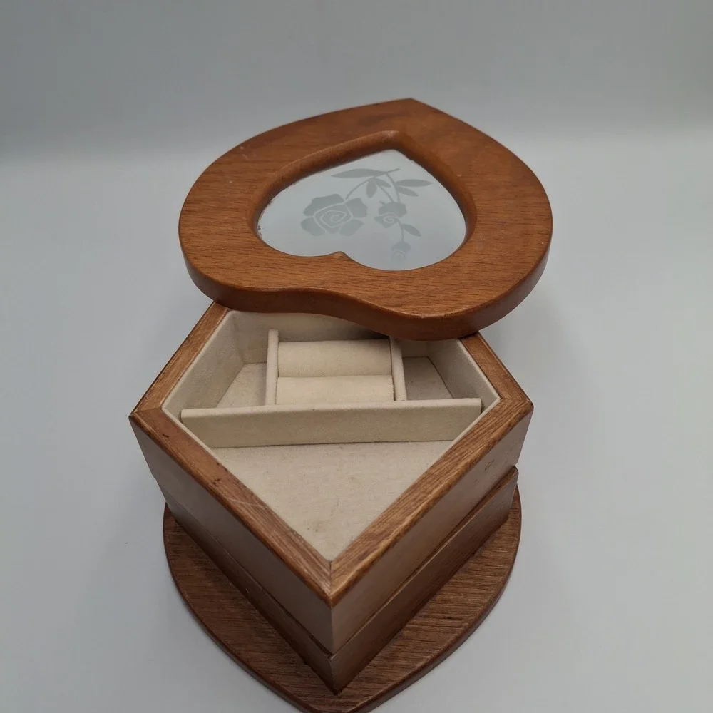 Vintage Jewelry Box Wood Heart Shaped Two Tier Swivel Glass Etched Floral Top